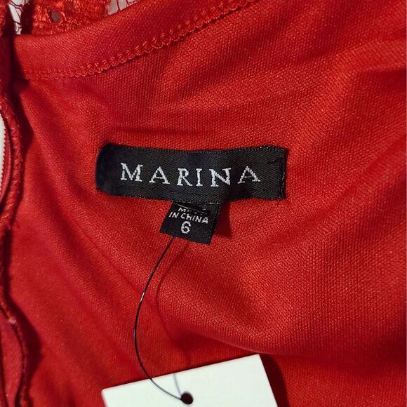 Marina | Red Floral Metallic Lace Overlay Knee Length Sheath Dress, Size M or 8 - Picture 9 of 10